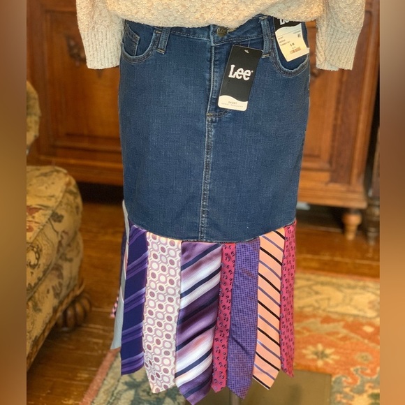 Lee Denim Skirt Jeans Ties Upcycled Repurposed Altered Clothes Hippie OOAK NEW - Picture 2 of 6